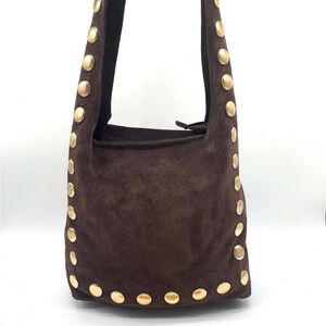 Chic Brown Shoulder Bag with Gold Studs